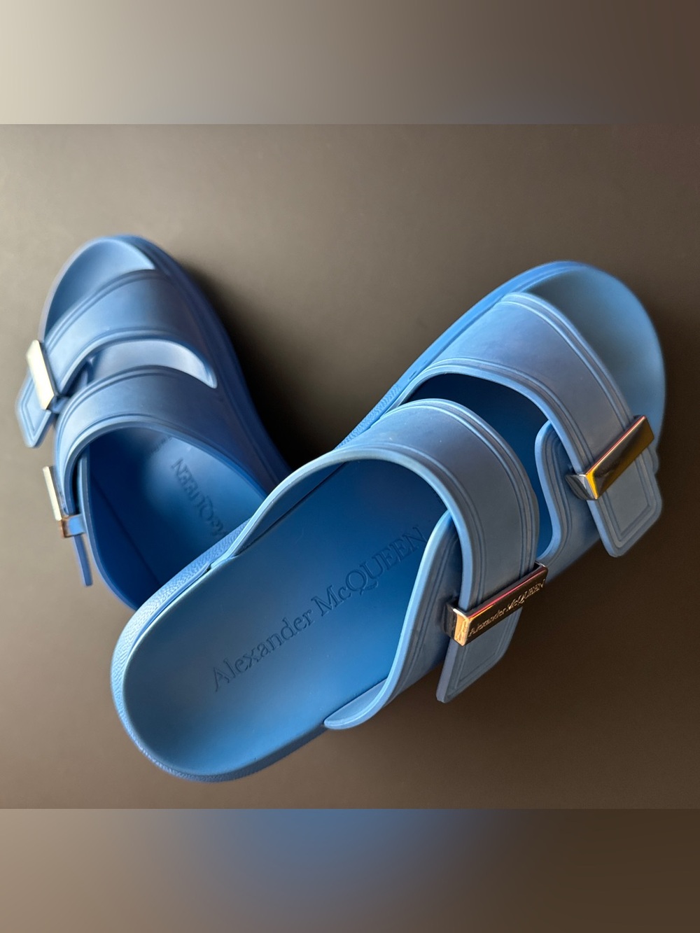 Alexander McQueen Sky Blue Rubber Buckle Slide Sandals size 37